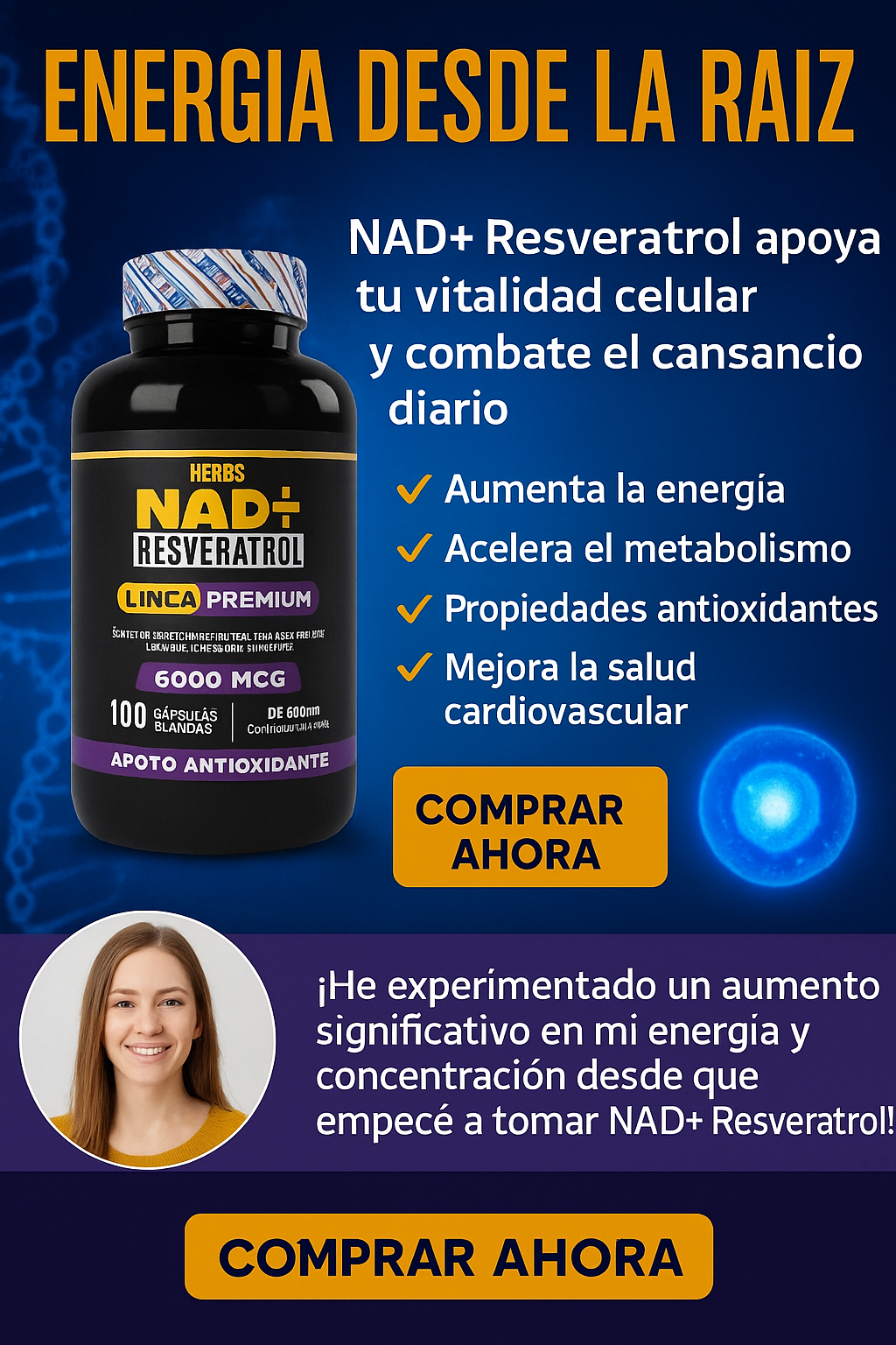 Nad Resveratrol con Proteina Creatina, Energía desde la raíz